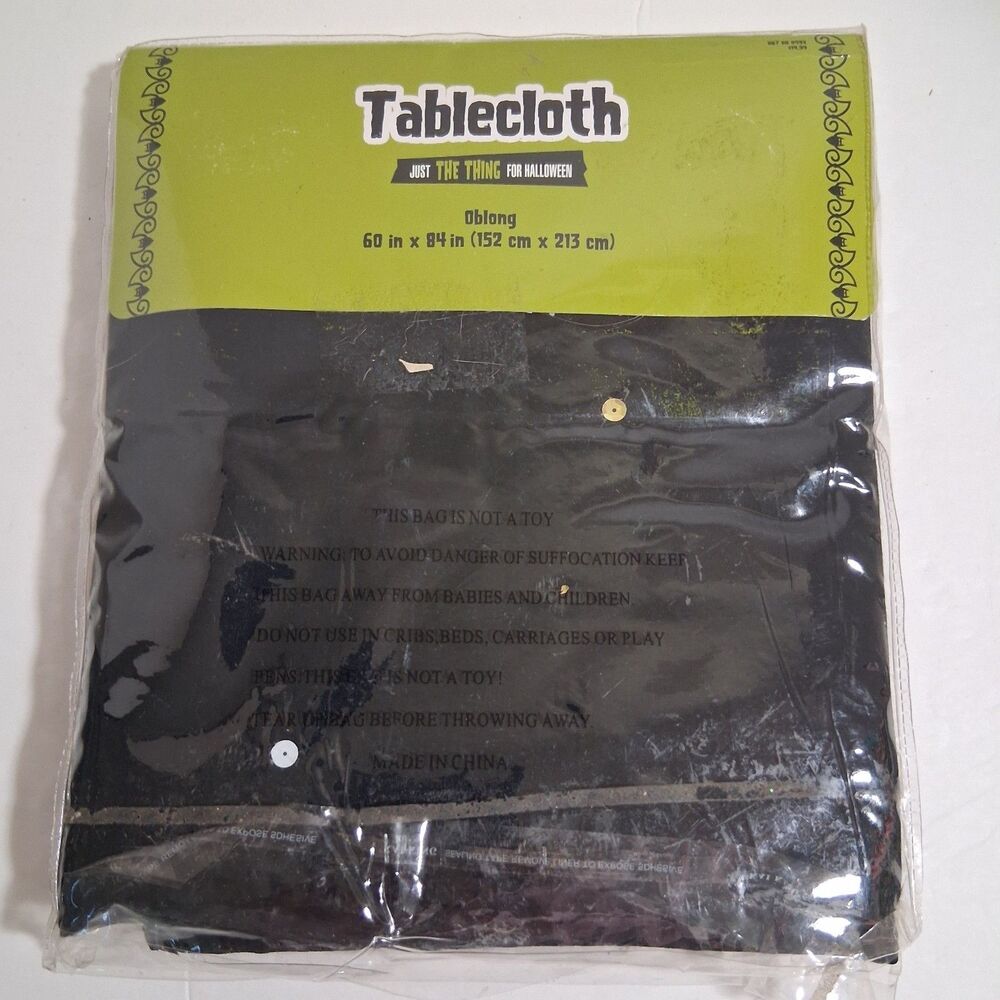 Halloween Tablecloth Oblong Black Shiny Sequins Cotton 60in x 84in Table Cover
